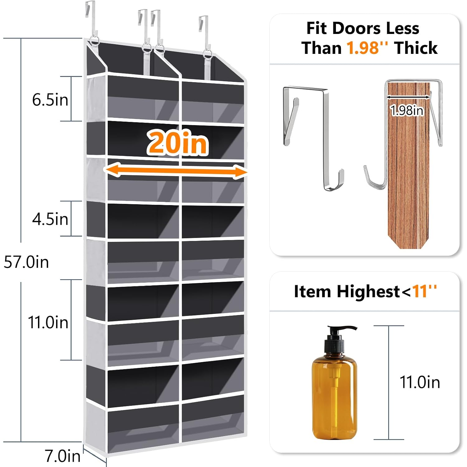 Heavy Duty Over The Door Organizer 5 Tiers, Extra Large Behind Door Storage Of 10 Big Front & 10 Mesh Pockets, 80Lb Weight Capacity, Hanging Doors Storage Organizer For Closet Bedroom Nursery, Grey