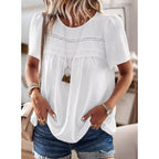 Womens Summer Tops Crewneck Short Sleeve Shirts Casual Chiffon Blouses Flowy Lace Hem Boho Clothing Trendy 2026