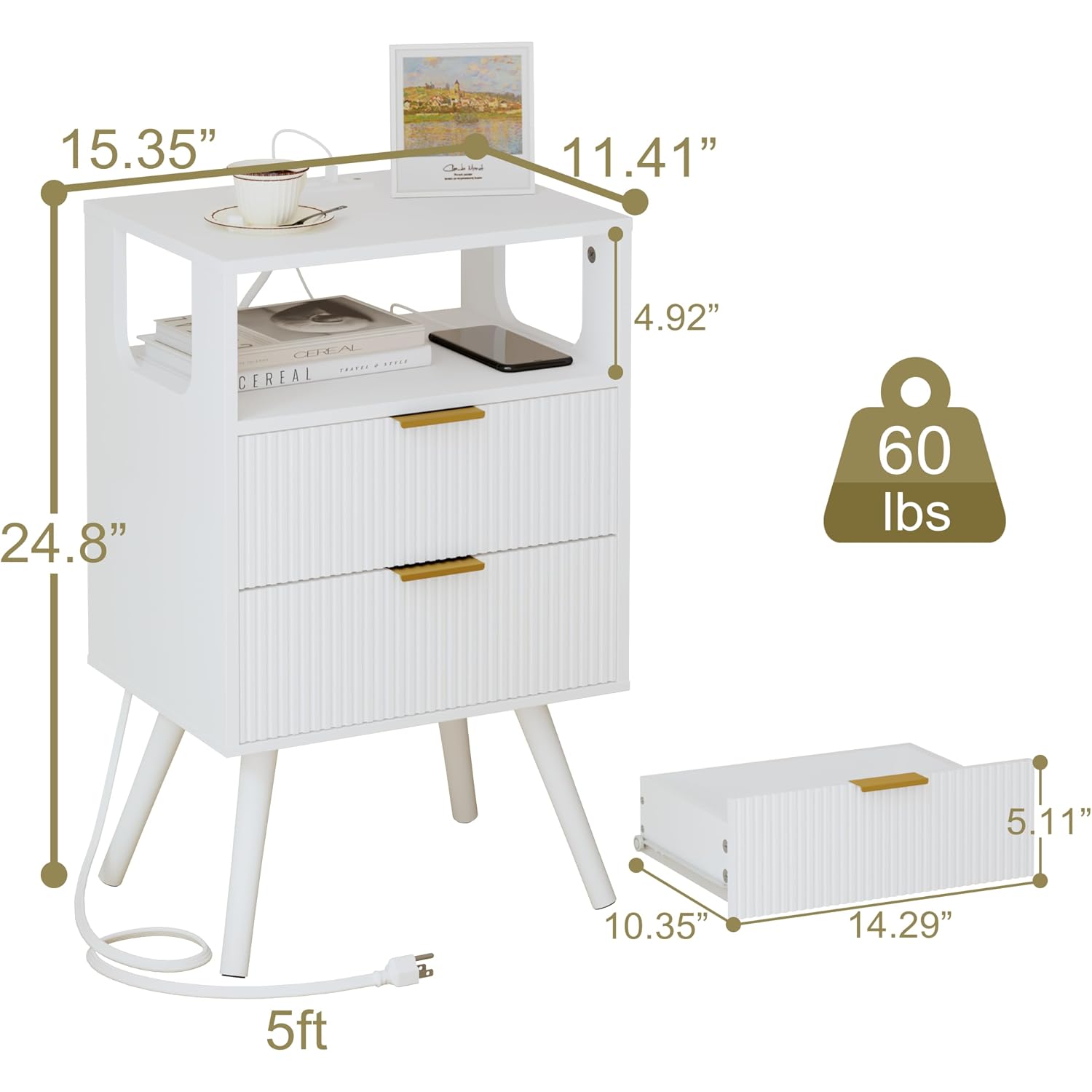 White Nightstand With Charging Station And Led Lights,Modern Bedside Table With 2 Storage Drawer And Open Wood Shelf, For Bedroom And Small Spaces,Night Stand With Solid Wood Legs,White