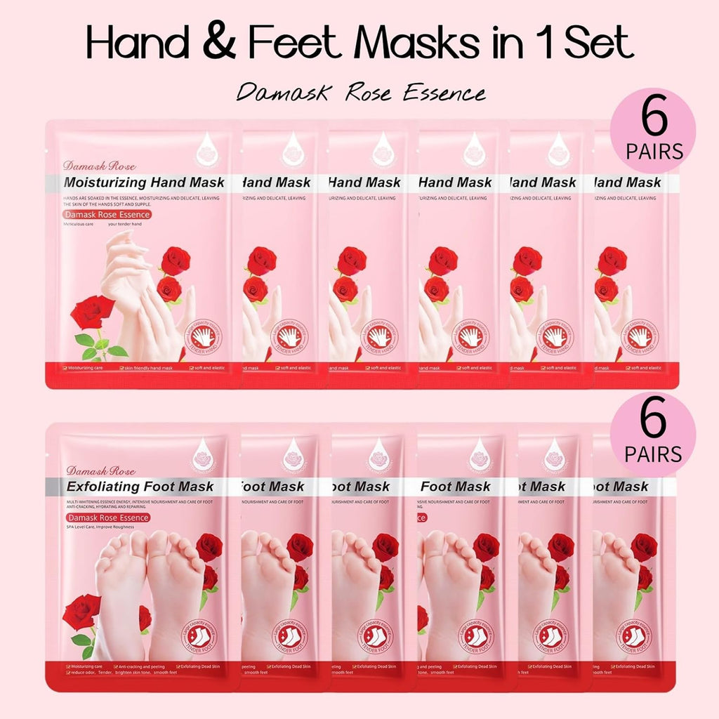 12 Pack Moisturizing Exfoliating hand & foot masks, Deep Hydrate Dry, Cracked Skin, sel care gift for women and men, 6 Pairs Gloves & 6 Socks (Rose Hand & Foot masks(12 Pack))