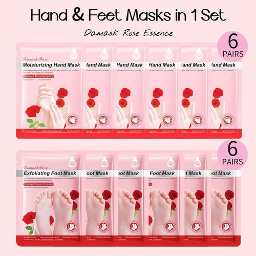 12 Pack Moisturizing Exfoliating hand & foot masks, Deep Hydrate Dry, Cracked Skin, sel care gift for women and men, 6 Pairs Gloves & 6 Socks (Rose Hand & Foot masks(12 Pack))