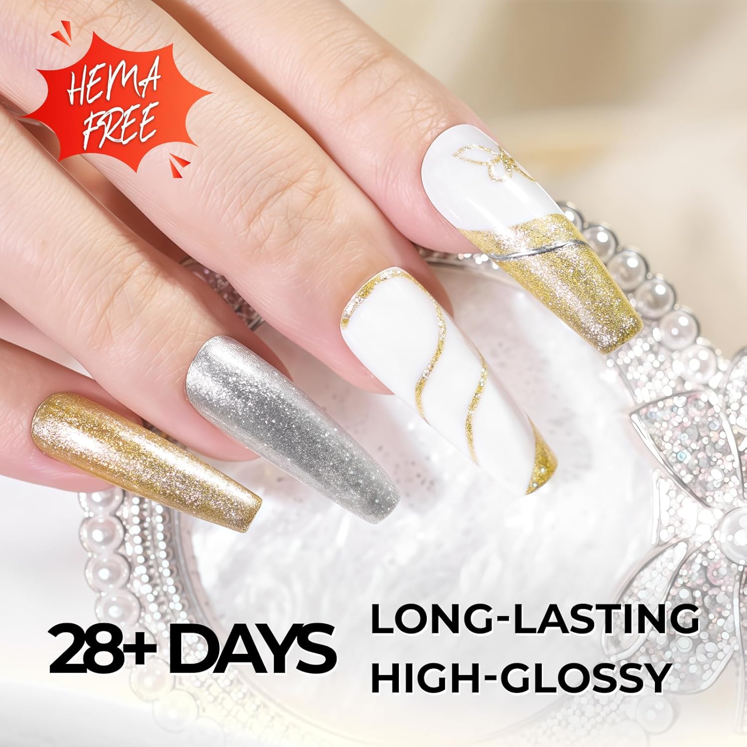 Hema Free Metallic Mirror Painting Gel Nail Polish, Glitter Silver & Gold Metal Painted Drawing Gel with Brush Chrome Gel Polish 2pcs 6ml Set 3D Effect Curing Requires Home Nail Art DIY