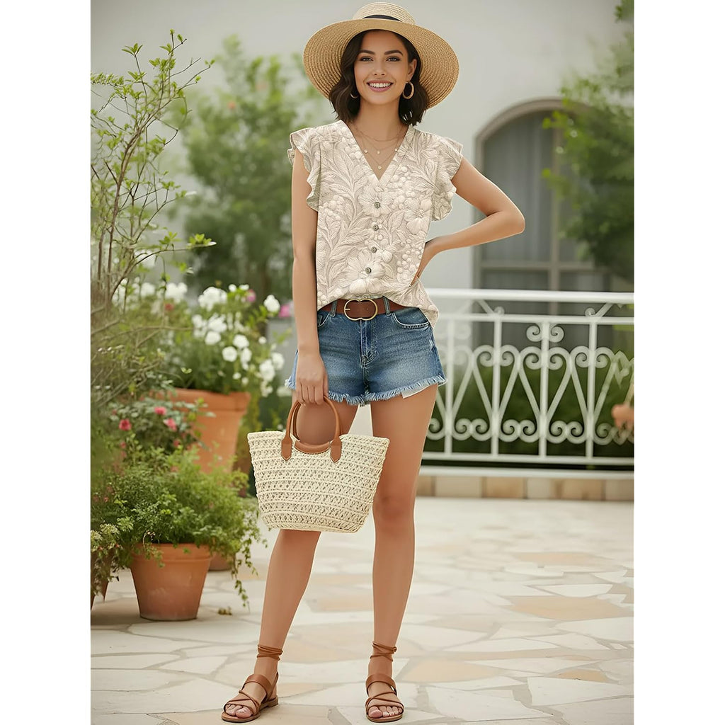 Womens Tops Dressy Casual Summer Floral V Neck T-Shirts Ruffle Short Sleeve Tunic Blouses