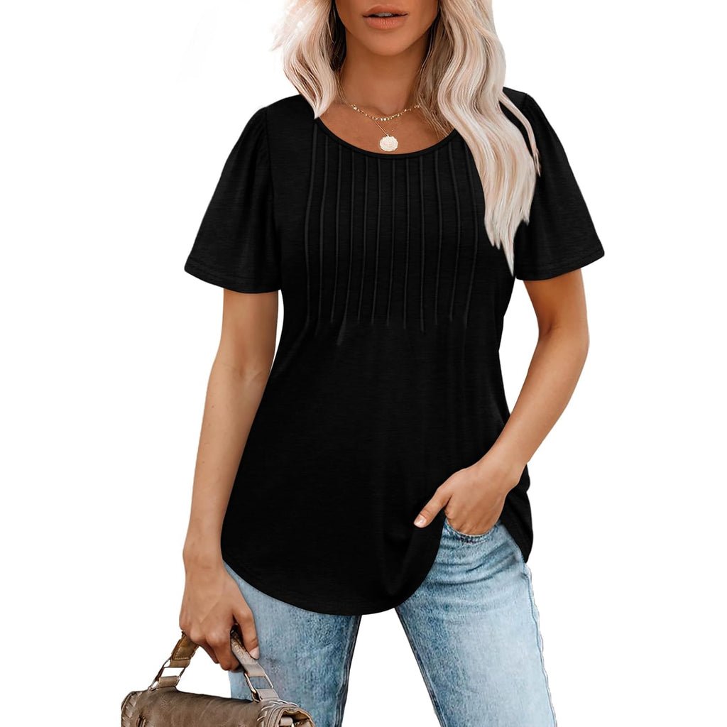 Womens T Shirts Short Sleeve Pleated Dressy Casual Scooped Neck Summer Tops Blouses