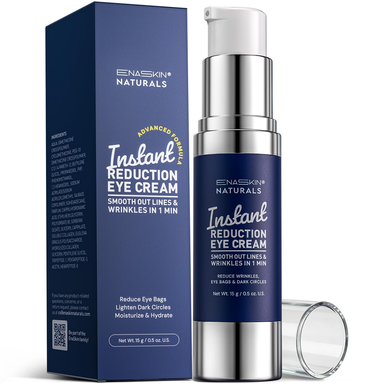 Enaskin Naturals Instant Eye Cream & Face Lift - No White Residue Rapid Wrinkle Filler - Under Eye Bags & Puffiness Remover - Dark Circles Treatment - Temporary Firming Serum For Women & Men - 0.5 Oz