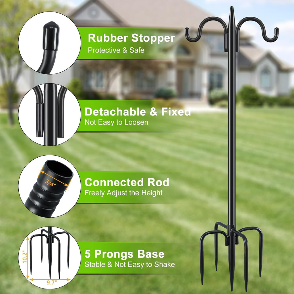 Bird Feeder Pole For Outdoors Heavy Duty, 92 Inch Double Shepherds Hook With 5-Prong Stable Base, 3/4 Inch Thick Hummingbird Feeder Stand For Hanging Plants, Lanterns, 1 Pack