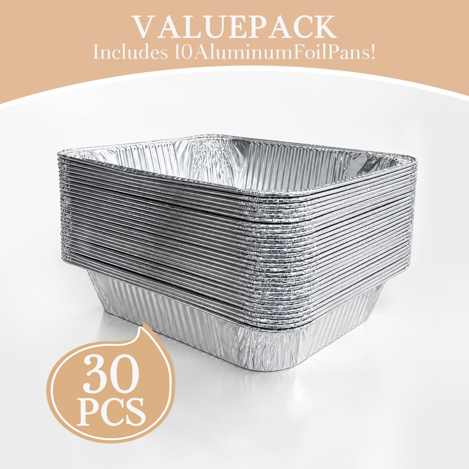 30 Pack Aluminum Foil Pans, 9X13 Disposable Baking Pans, Heavy Duty Food Containers For Baking, Cooking, Roasting, Meal Prep, Parties, Bbq & Catering