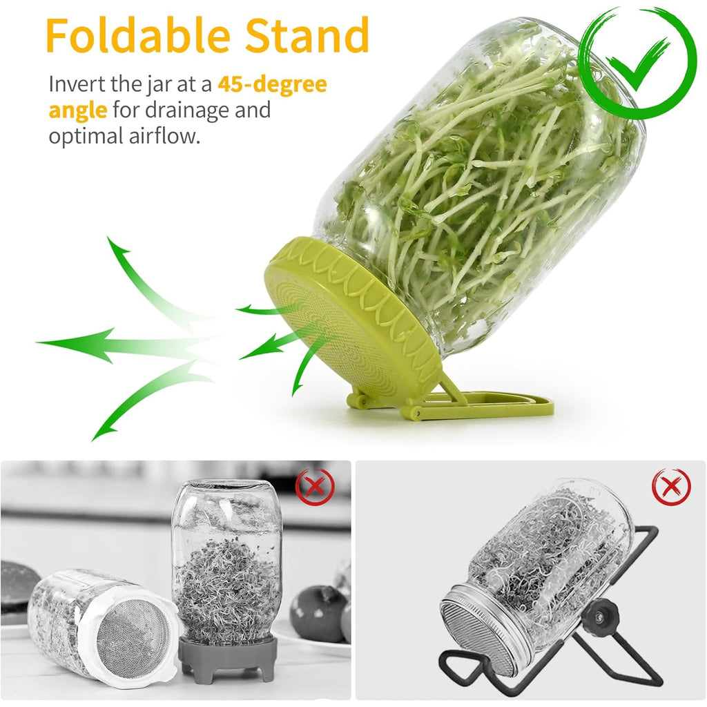 Happyiren Sprouting Kit for Wide Mouth Mason Jars, 2-Pack BPA-Free One-Piece Sprouting Lids with Built-In Stand, Seed Germination Jar Sprouter Lid, Fits Wide Mouth Jars (3.38"/86mm)