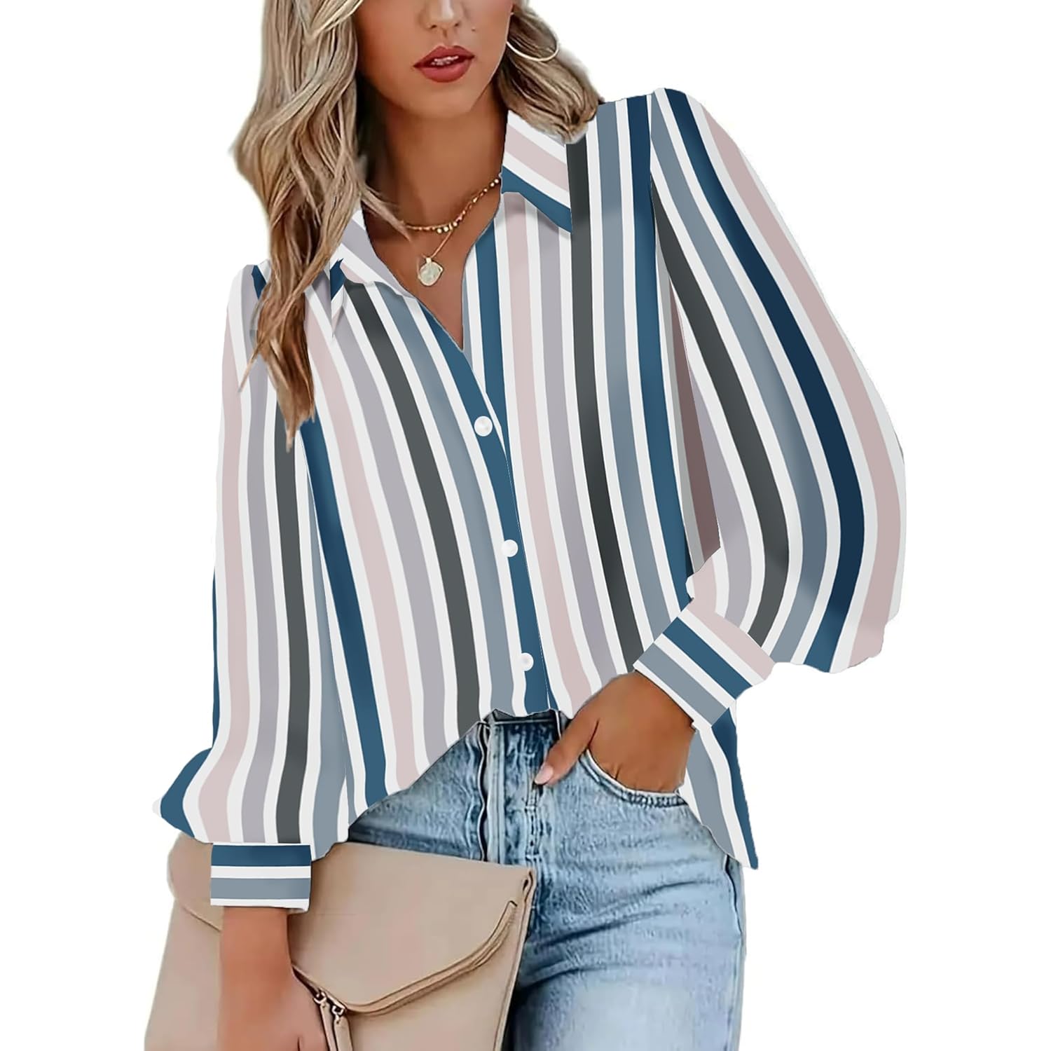 Womens Button Down Shirts Lantern Long Sleeve Blouse Business Casual Work Tops Floral Printed Outfits