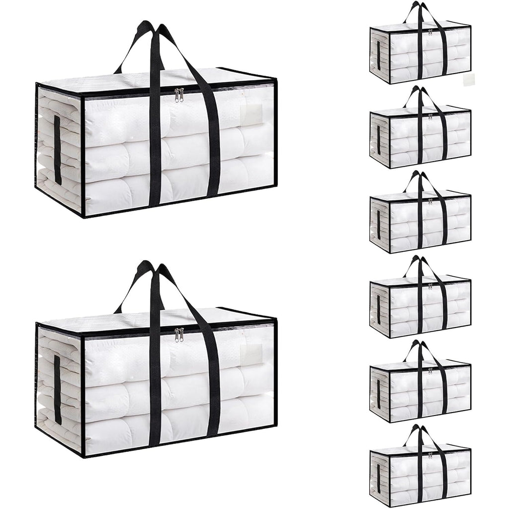 8 Pack-Extra Large Heavy Duty Moving Bags - Waterproof Storage Totes With Handles & Zippers, Foldable For College Dorm, Storage (Clear)