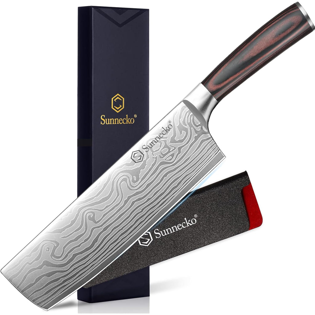 Sunnecko Japanese Nakiri Knife 7 Inch - 15° Edge Carbon Steel Chef Knife Full Tang Forged Blade Vegetable Cleaver with Sheath, Kitchen Gift for Home Cooks & Pros, Father's Day Box