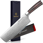 Sunnecko Japanese Nakiri Knife 7 Inch - 15° Edge Carbon Steel Chef Knife Full Tang Forged Blade Vegetable Cleaver with Sheath, Kitchen Gift for Home Cooks & Pros, Father's Day Box