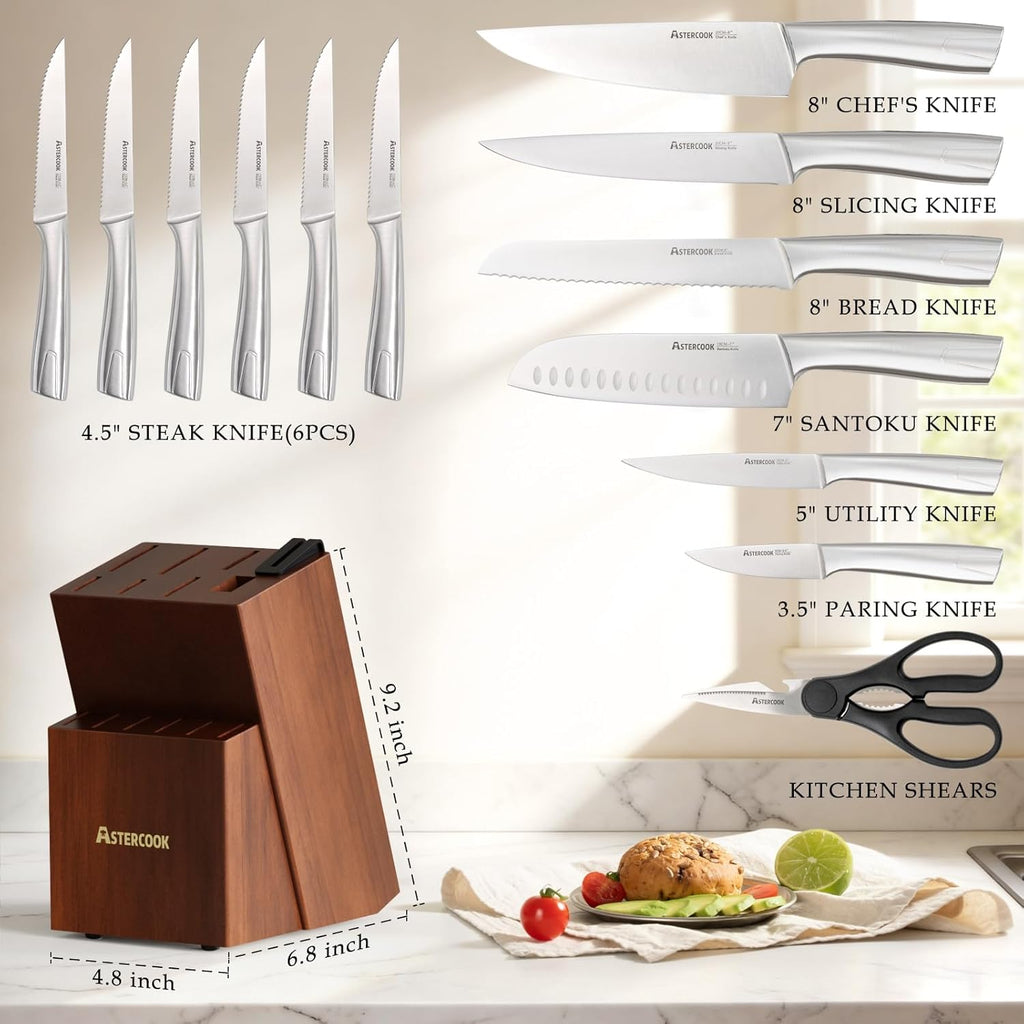 Astercook Knife Set, Kitchen Knives Set with Block and Sharpener Full Tang 15 Pcs Premium Stainless Steel Knives, Dishwasher Safe Knife Set with Anti-slip Ergonomic Handle, Walnut, Mothers Day Gifts