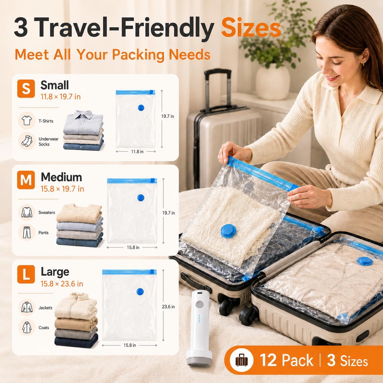 12 Pack Vacuum Bags For Travel With Rechargeable Air Pump, Carry-On Compression Bags For Luggage And Suitcase, Space Saver Storage For Clothing And Travel Organization