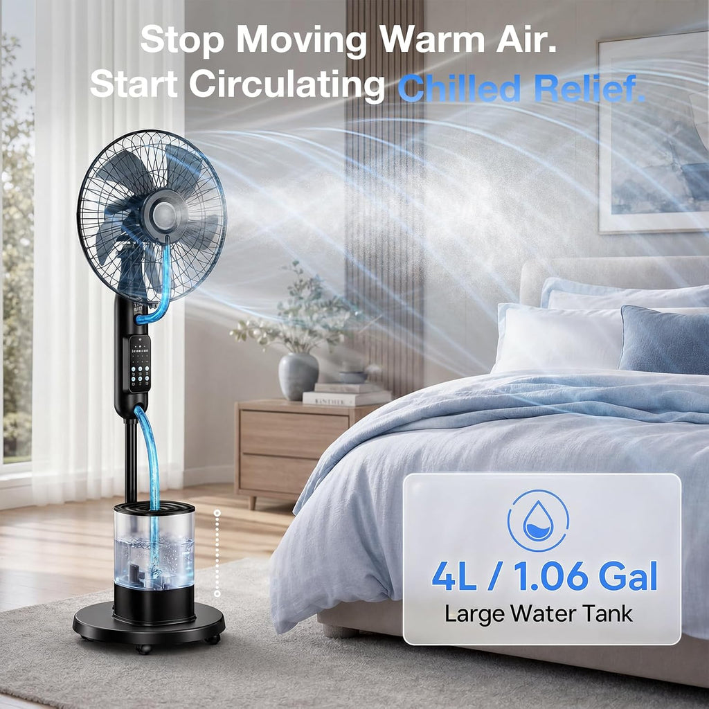 Misting Fan, 2026 Upgraded 4L Large Water Tank Mister Cooling Fan, 5 Speeds 3 Modes Misting Standing Fan, Floor Fan With Remote For Home, Bedroom, Patio, Outdoor