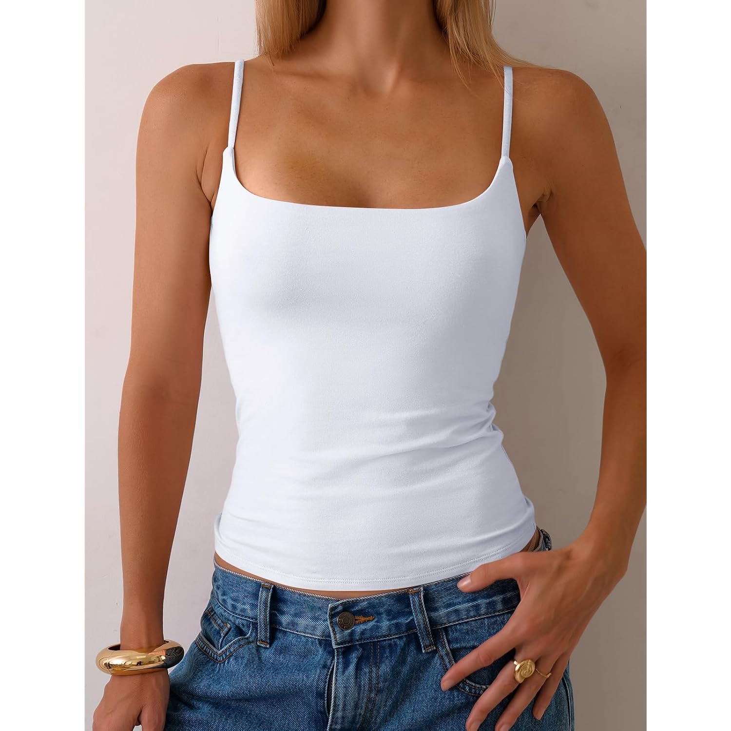 PrettyGuide Women Cotton Cami Tops Built-in Shelf Bra Unpadded Square Neck Crop Tank Top Fitted Basic Camisole Going Out Tees