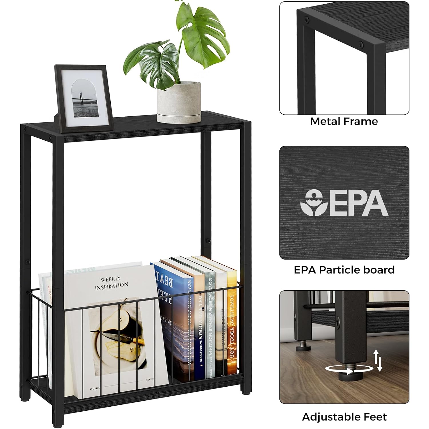 Narrow Side Table With Magazine Holder, Skinny End Table Perfect For Small Spaces, Space-Saving Design For Living Room, Bedroom, Or Office, 7.1" D X 16.9" W X 23.6" H, Black