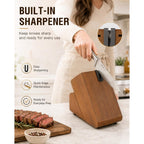 Astercook Knife Set, 15 Piece German Steel Kitchen Knife Set With Built-In Sharpener, One-Piece Knife Block Set Rust-Resistant Dishwasher Safe Block Knives Set For Cooking & Gift (Walnut Brown)
