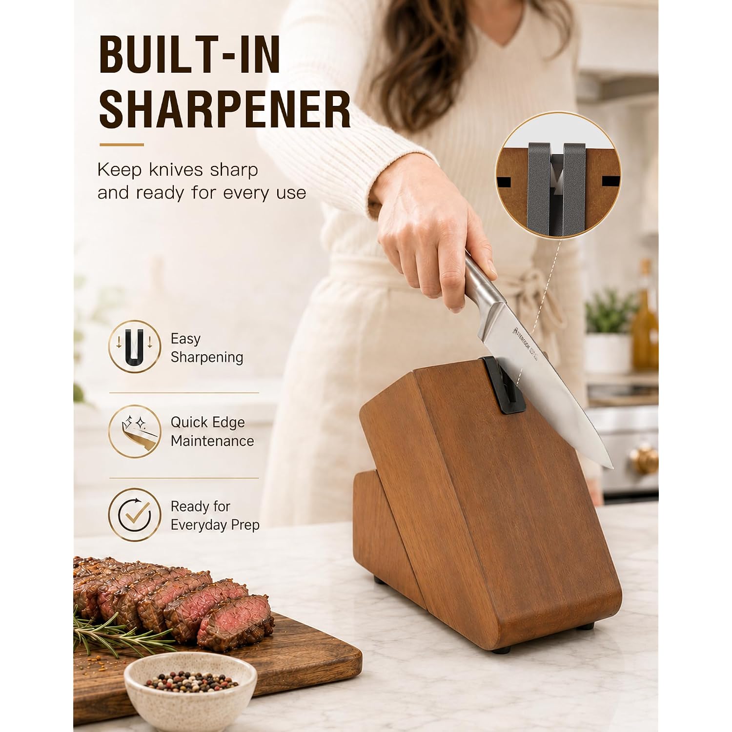 Astercook Knife Set, 15 Piece German Steel Kitchen Knife Set With Built-In Sharpener, One-Piece Knife Block Set Rust-Resistant Dishwasher Safe Block Knives Set For Cooking & Gift (Walnut Brown)
