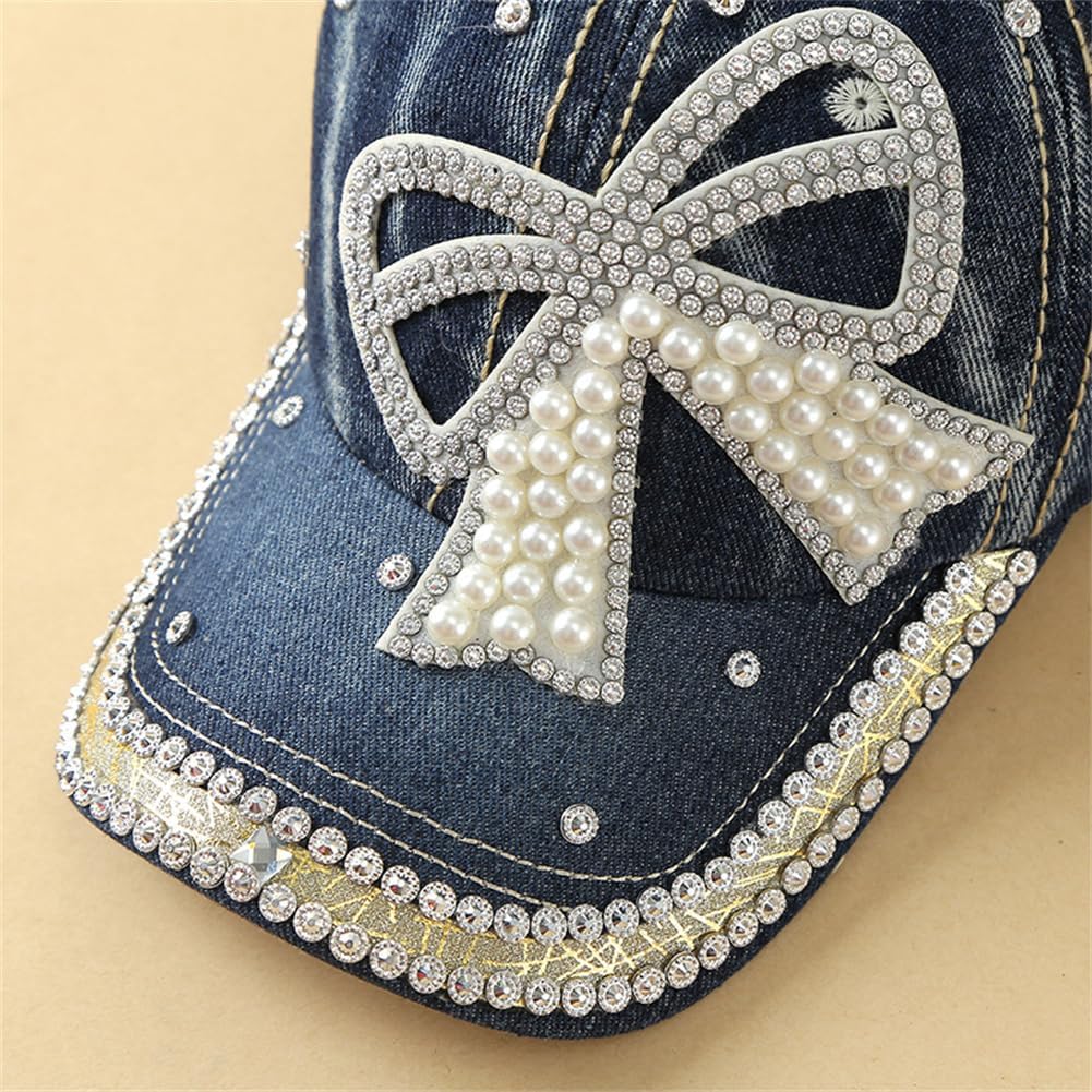 Women's Denim Baseball Cap with Pearl Rhinestone Trendy Y2k Visors UV Protection Sun Hat Outdoor 2026 Bow-dark Blue