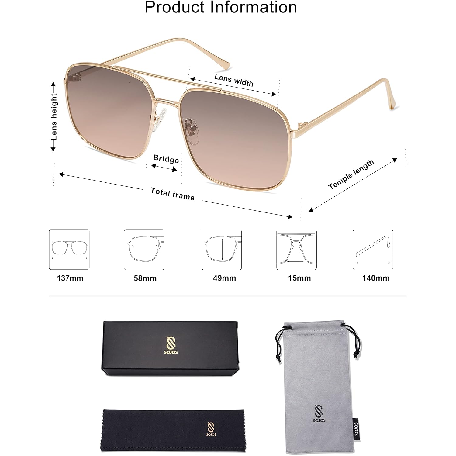 SOJOS Trendy Square Aviator Sunglasses for Women Men, Gold Frame Light Tint Gradient Shades SJ1176 Gold/Grey Gradient Pink