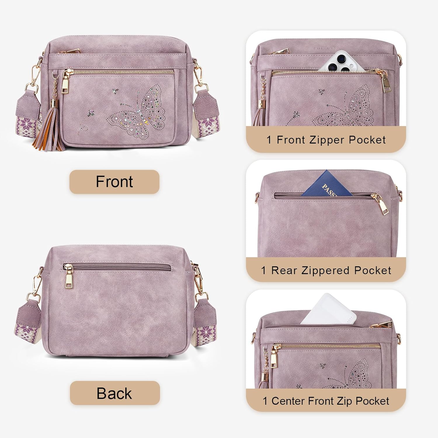 KITEVIUN Crossbody Bags for Women Trendy Leather Crossbody Purse Shoulder Handbags Butterfly Design