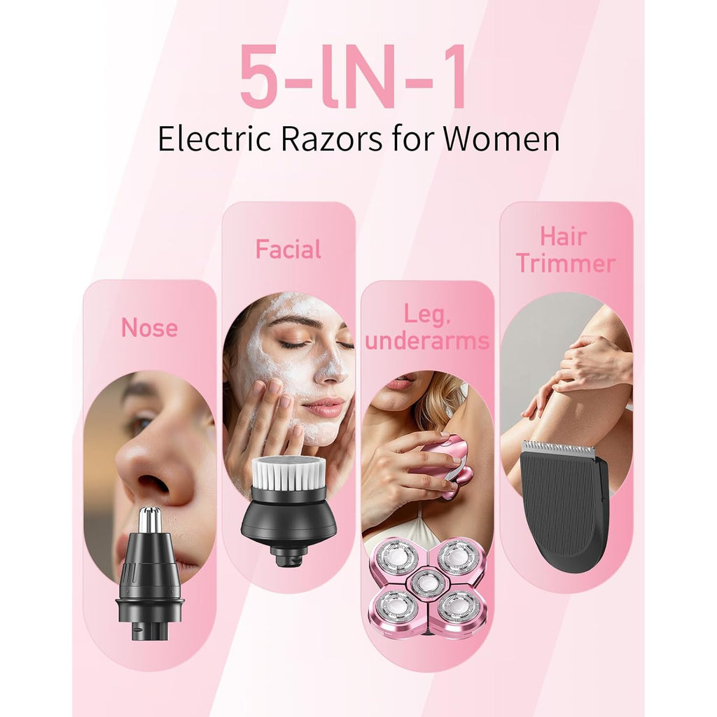 Electric Razors for Women, 5-in-1 Multi-Function Womens Razor with LED Display, Rechargeable Waterproof Electric Shaver, Ideal Travel Trimmer Body Hair Remover for Legs, Face, Armpits &Bikini (Pink)