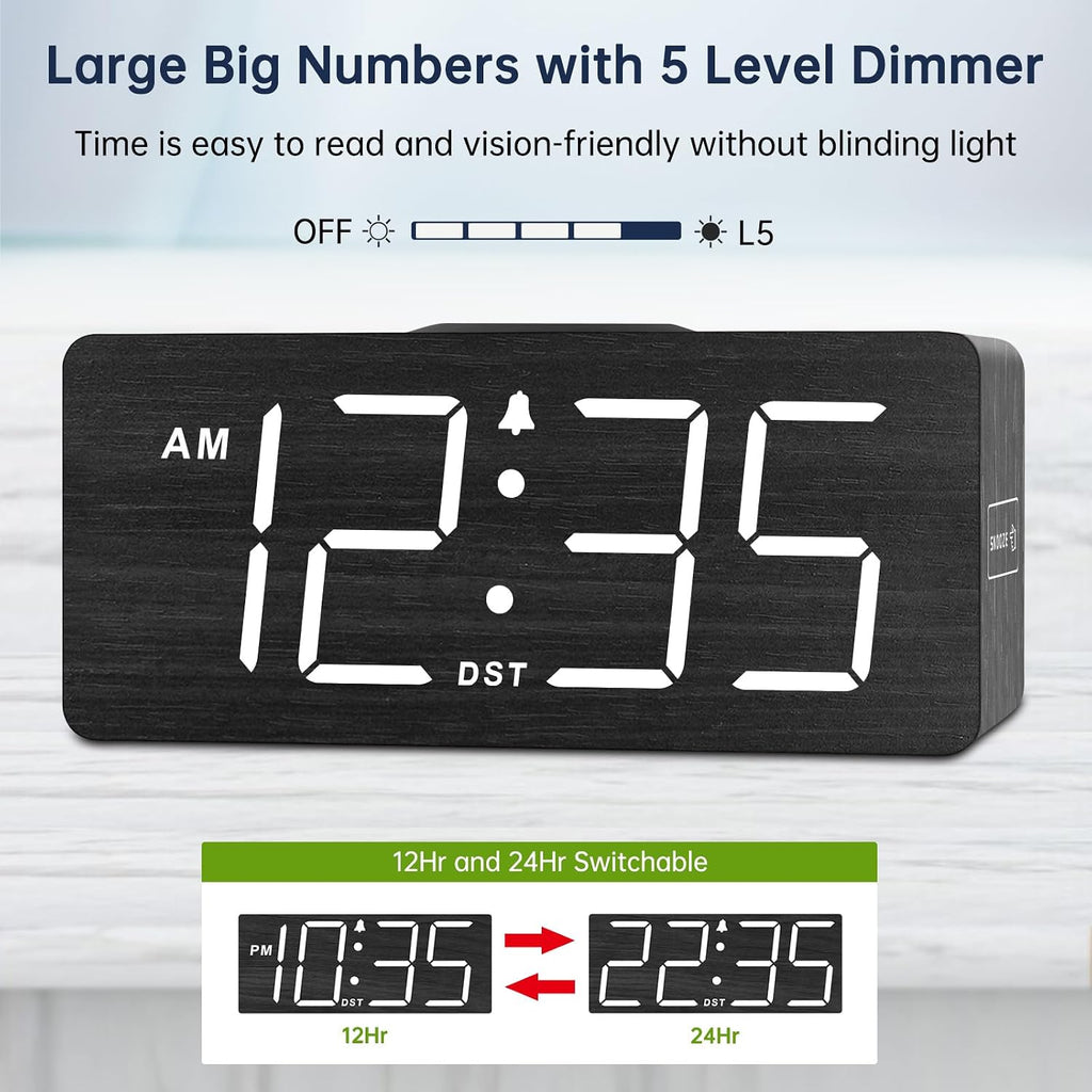 Dreamsky Wooden Digital Alarm Clock With Wireless Charging For Bedroom, Bedside Nightstand Clock With Charger Station, Usb Port, Large Numbers, Adjustable Volume, Brightness Dimmer, Dst