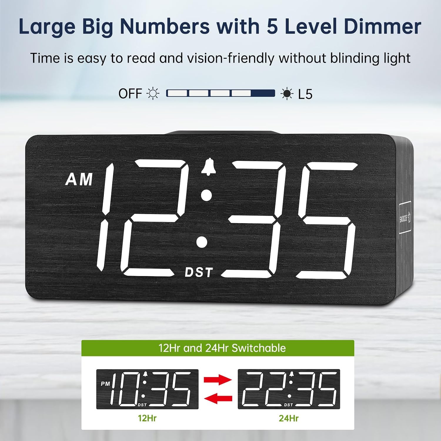 Dreamsky Wooden Digital Alarm Clock With Wireless Charging For Bedroom, Bedside Nightstand Clock With Charger Station, Usb Port, Large Numbers, Adjustable Volume, Brightness Dimmer, Dst