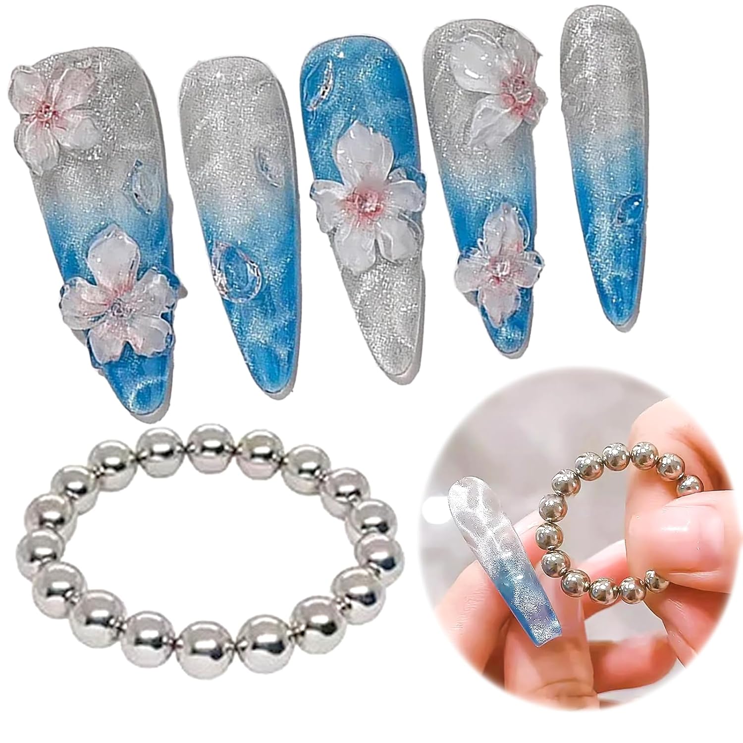 20Pcs Cat Eye Nail Magnet Beads Cat Eye Gel Nail Polish Magnet Wand Magnetic Nail Polish Cat Eye Magnet Nails Round Magnetic Beads Nail Design Tools Nail Art Accessories (Silver)