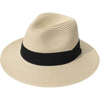 Women Wide Brim Straw Panama Roll Up Hat Fedora Beach Sun Hat Upf50+