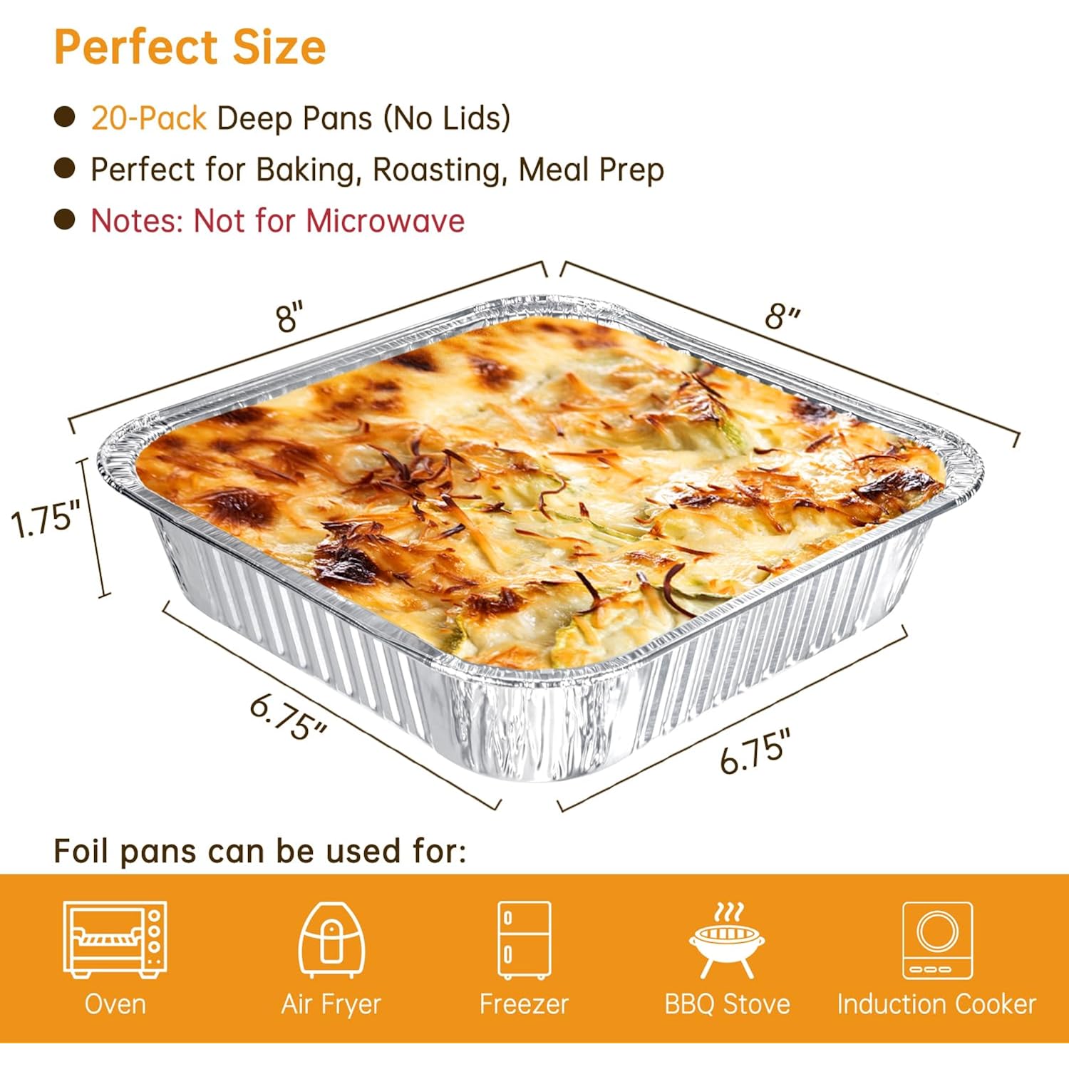 8x8 Aluminum Pans - 20 Pack Disposable Foil Pans, Heavy Duty Square Aluminum Baking & Roasting Trays for Meal Prep, Food Storage, Heating & Party Serving