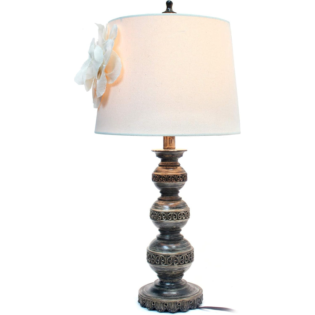 Elegant Designs Lt3097-Wht Stacked Ball Lamp With Couture Linen Flower Shade, Aged Bronze