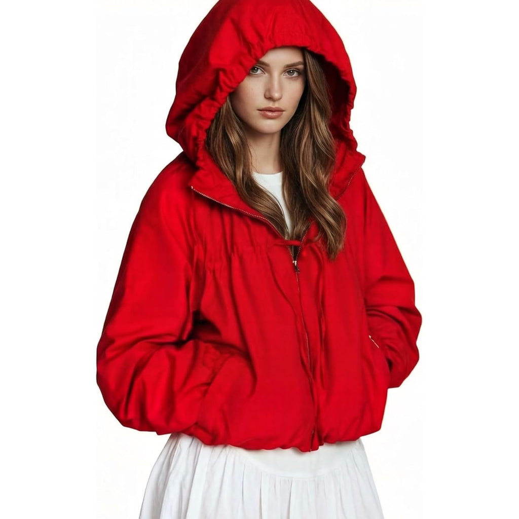 Xunger Women'S Gathered Hooded Jacket Casual Loose Fit Bow Detail Coat Drawstring Hem Long Sleeve Outerwear With Pockets