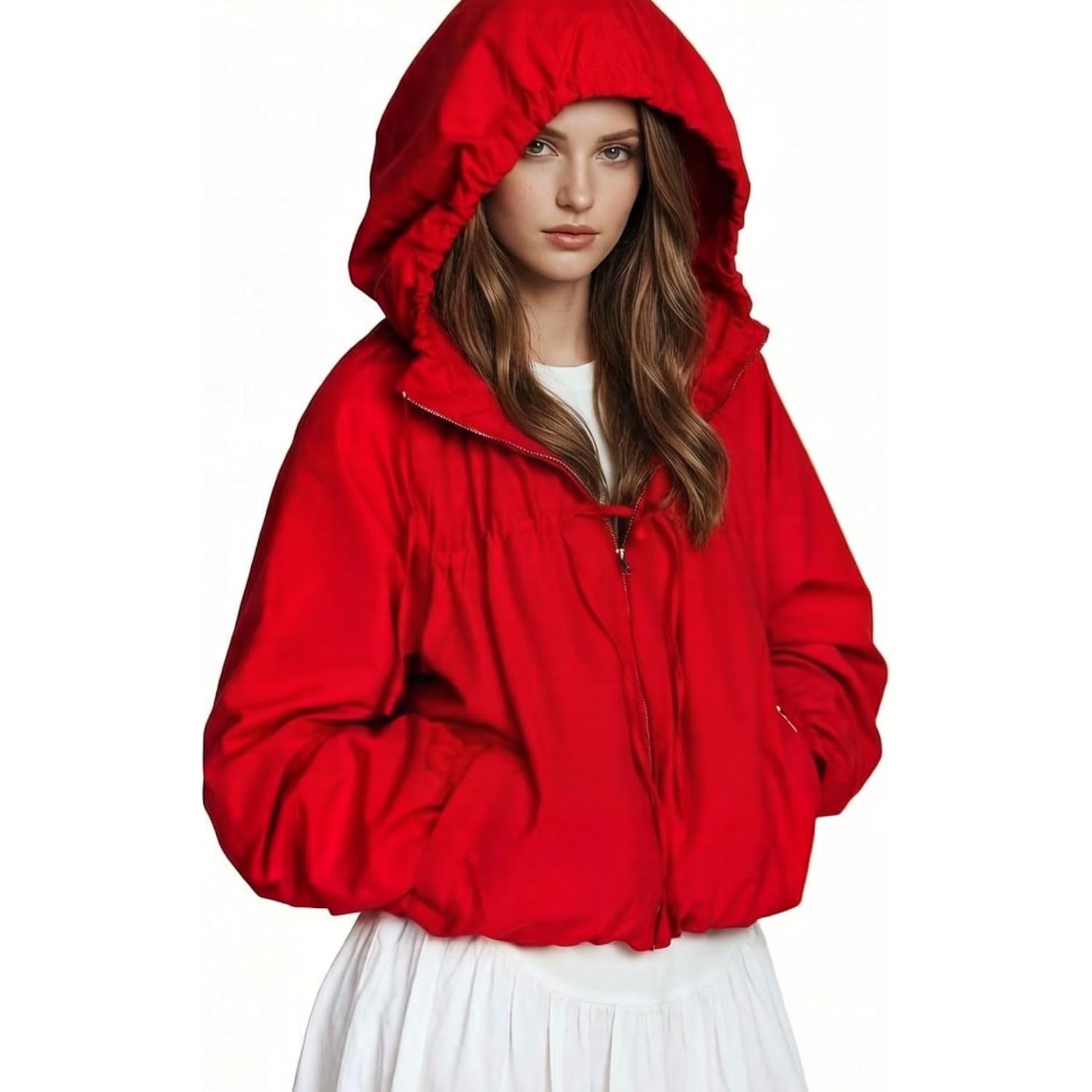 Xunger Women'S Gathered Hooded Jacket Casual Loose Fit Bow Detail Coat Drawstring Hem Long Sleeve Outerwear With Pockets