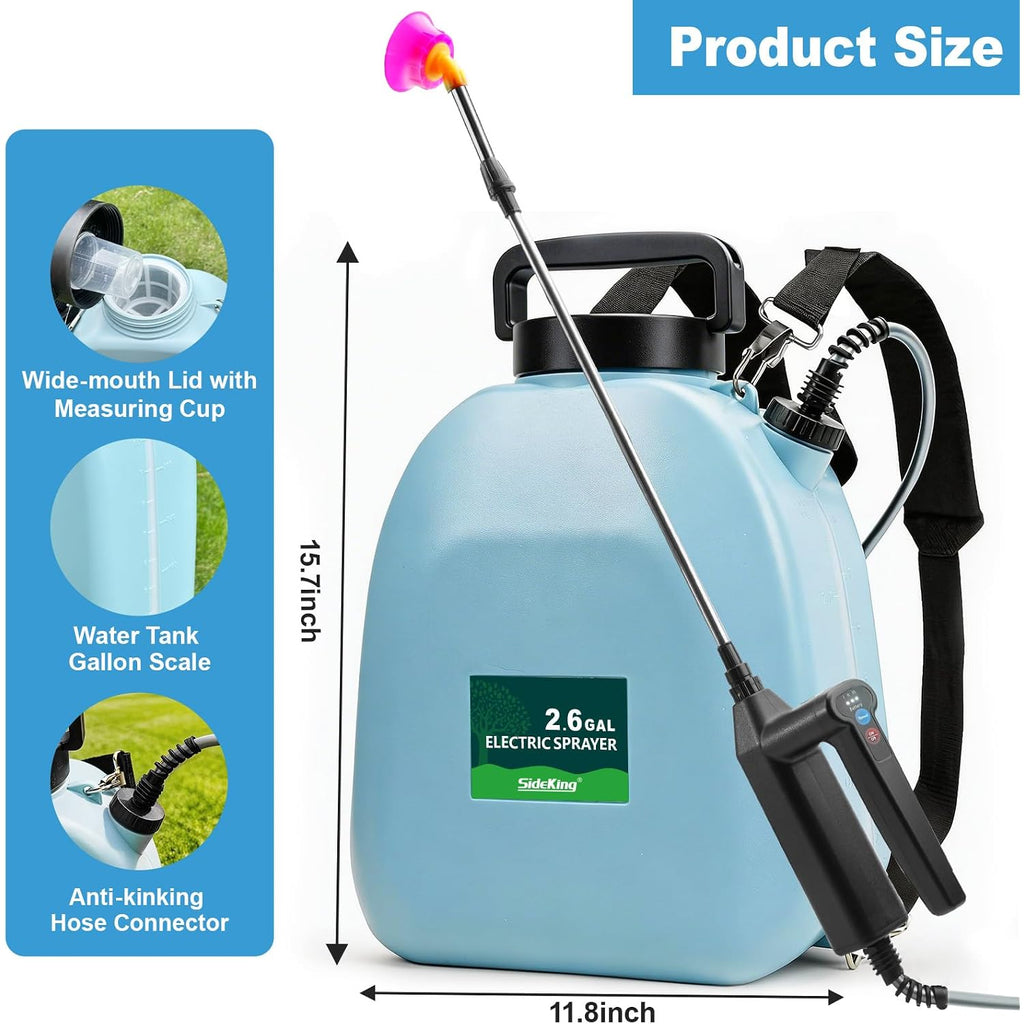 Sideking 2.6 Gallon Battery Powered Backpack Sprayer, Electric Weed Sprayer With 3 Adjustable Pressures, Battery Indicator, 5 Nozzles & 40" Telescopic Wand, Rechargeable Garden Sprayer For Lawn & Yard