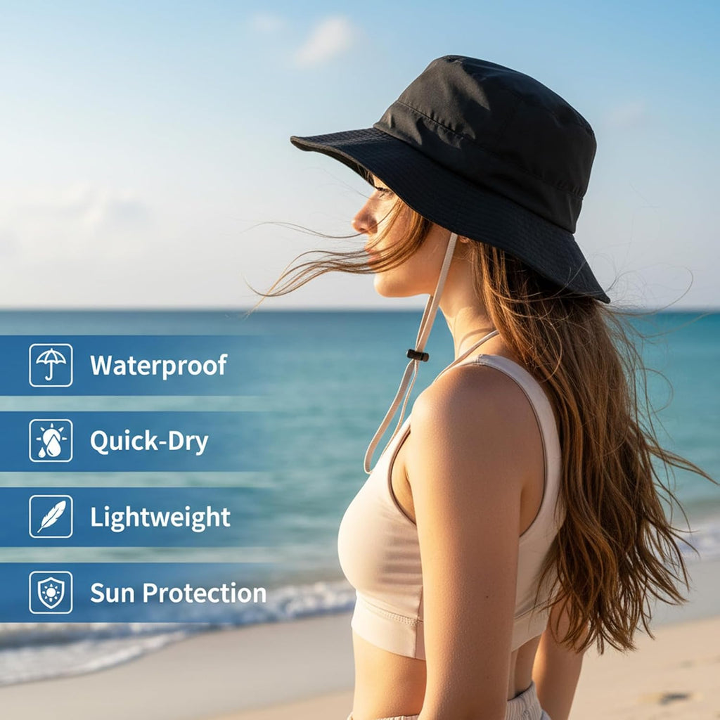 Travel Waterproof Summer Sun Bucket Hat Packable Quick Dry Beach Hats for Women Lightweight Outdoor Rain Hat with Adjustable Chin Strap Travel Hiking Fishing Cap for Women Men Black