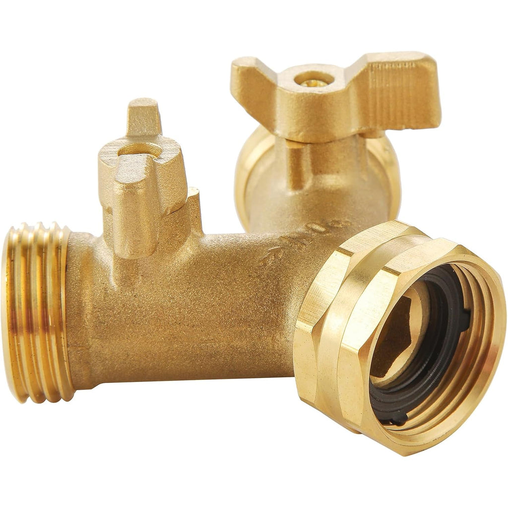 Garden Hose Splitter 2 Way Heavy Duty, Outdoor Faucet Splitter | Solid Brass Spigot Splitter Hose Y Splitter With Shutoff Valve