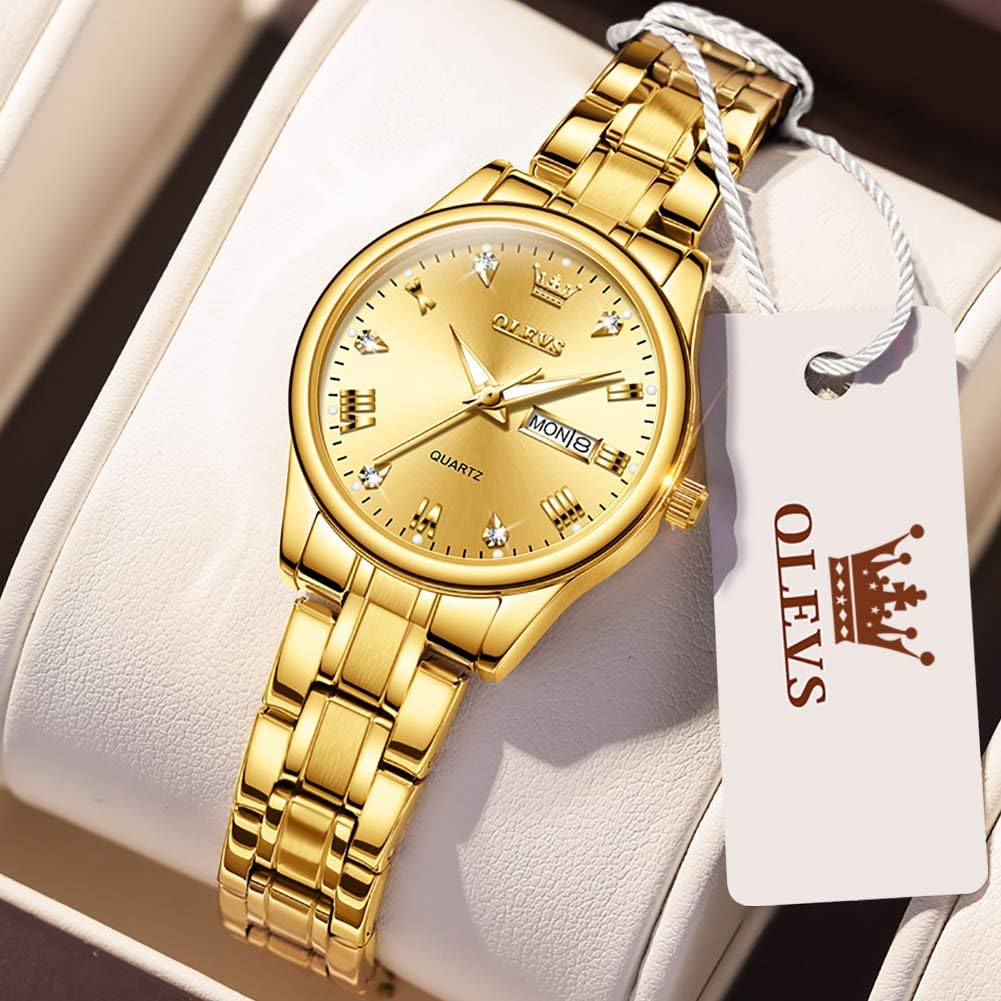 Olevs Gold Watch For Women With Date Day Stainless Steel Waterproof Small Face Quartz Analog Ladies Watches Fashion Gold Black White Dial Female Wristwatch