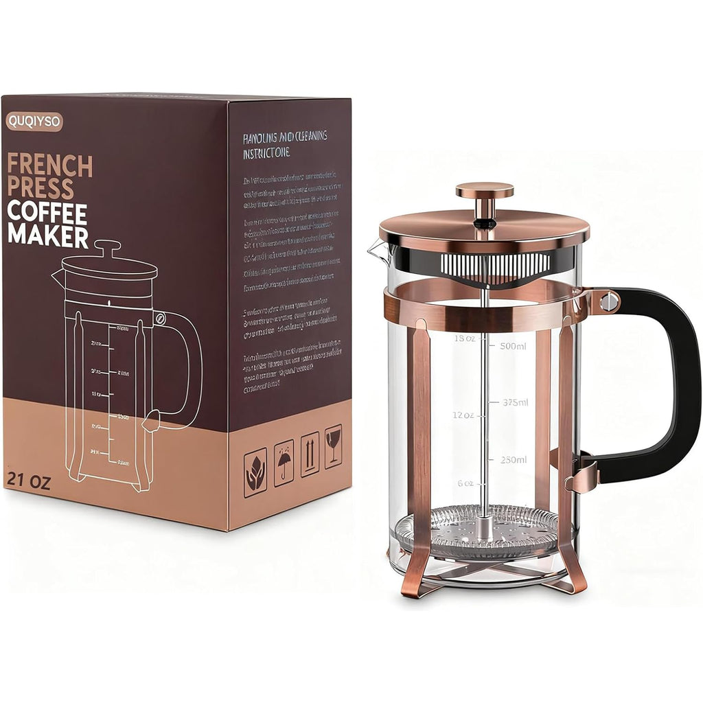 QUQIYSO Coffee Maker 304 Stainless Steel French Press with 4 Filter, Heat Resistant Durable, Easy to Clean, Borosilicate Glass Coffee Press, 100% BPA Free Teapot, 21 ounce, copper