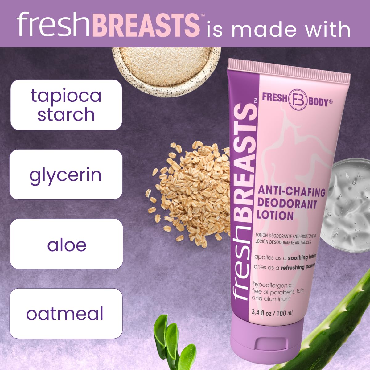 Fresh Breasts Anti Chafe Cream Lotion To Powder, 3.4Oz - Chafing Deodorant For Women, Inner Thighs & Areas That Sweat, No Talc, Aluminum Or Added Fragrance