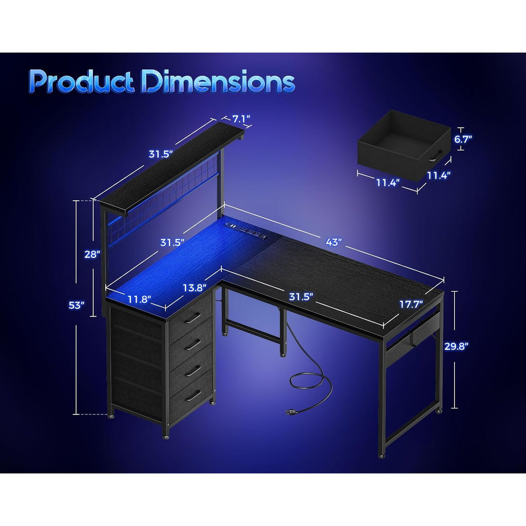 Motpk 43” L Shaped Gaming Desk For Small Rooms, Compact Corner Computer Table With Shelf & Hutch, 4 Drawers, Reversible Study Desk With Led Light, Power Outlets & Usb Ports, Home Office Table, Black