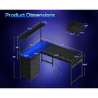 Motpk 43” L Shaped Gaming Desk For Small Rooms, Compact Corner Computer Table With Shelf & Hutch, 4 Drawers, Reversible Study Desk With Led Light, Power Outlets & Usb Ports, Home Office Table, Black