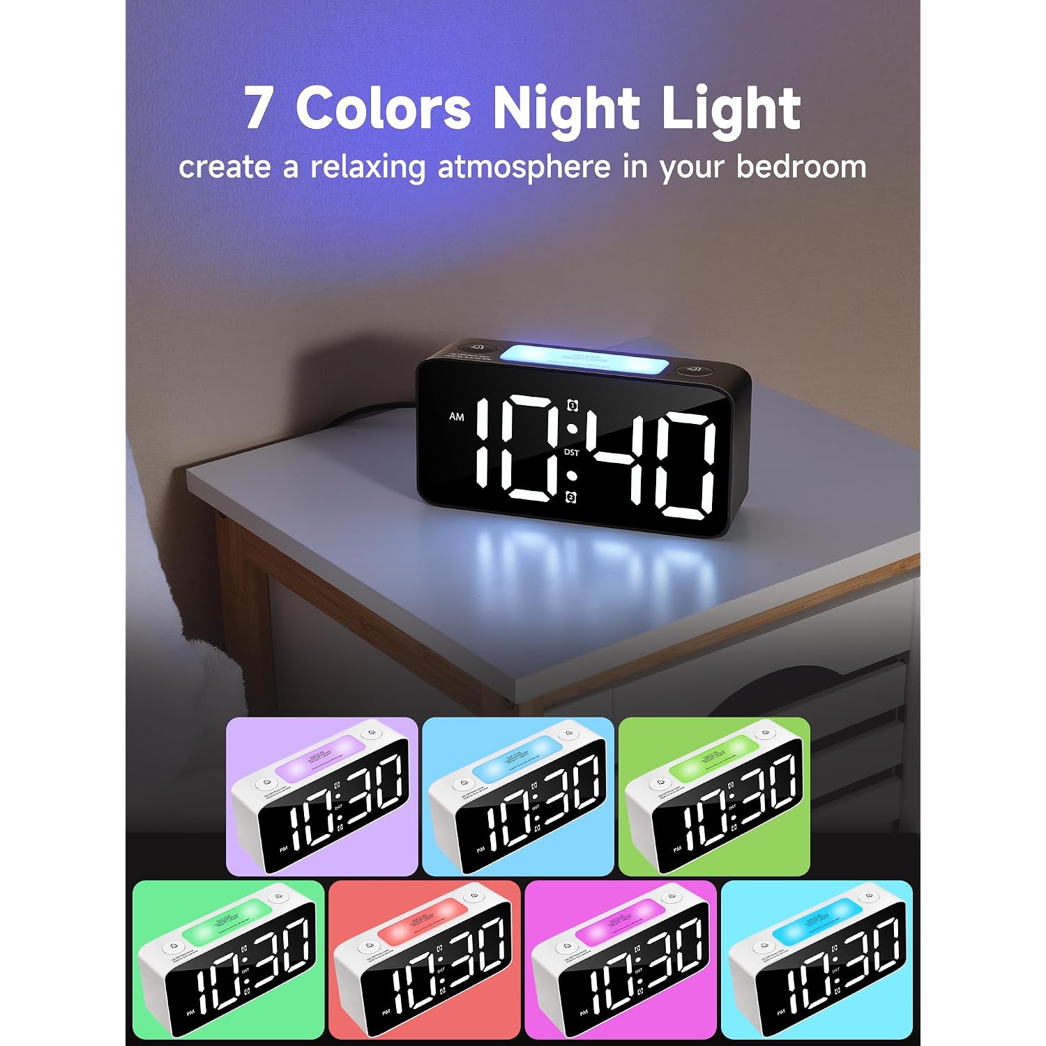 Cadmos 110Db Extra Loud Alarm Clock For Heavy Sleepers Adults, Digital Clock With 7 Color Night Light, Rgb Display, Dual Usb Charger, Small Clocks For Bedrooms, Kids, Teens (White+Rgb)