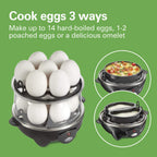 Hamilton Beach 3-In-1 Electric Hard Boiled Egg Cooker | Soft, Medium Or Hard Boiled Eggs | Egg Poacher | Omelet Maker |Vegetable Steamer | Holds 14 Eggs | Black | 25508G