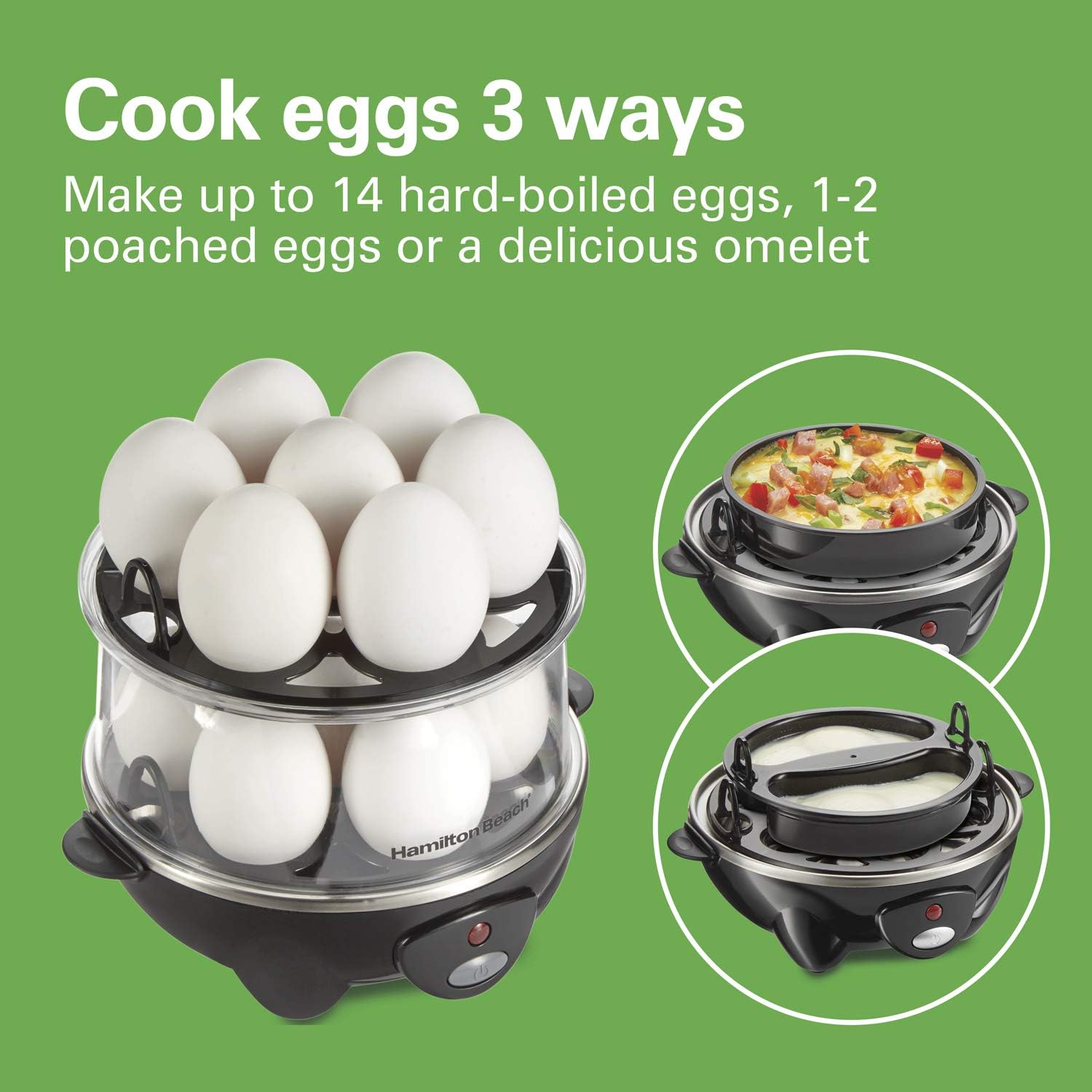 Hamilton Beach 3-In-1 Electric Hard Boiled Egg Cooker | Soft, Medium Or Hard Boiled Eggs | Egg Poacher | Omelet Maker |Vegetable Steamer | Holds 14 Eggs | Black | 25508G