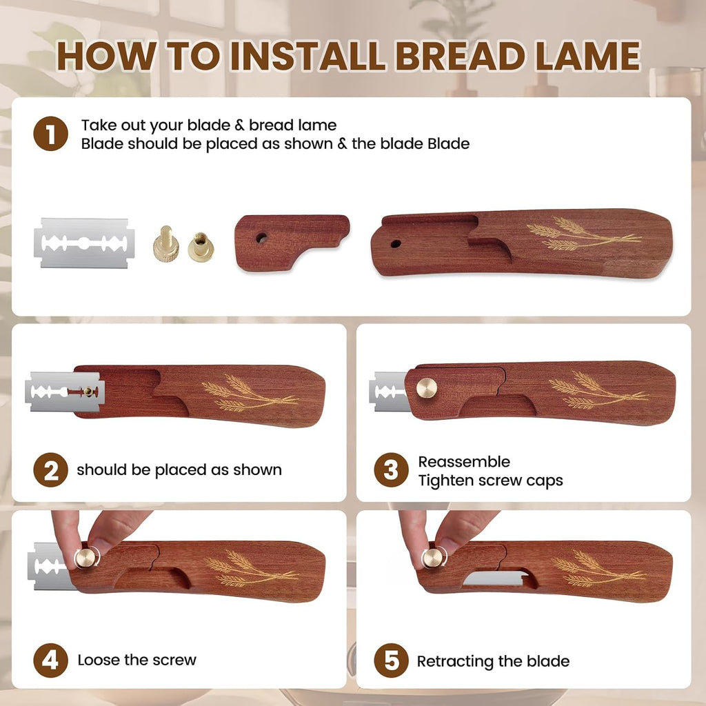Wooden Bread Lame Dough Scoring Tool, Handcrafted Bread Scoring Tool For Sourdough Bread Baking, Upgraded Sourdough Scoring Tool With Screw Lock & 10 Razor Blades(Reddish Brown)