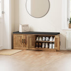 Homsho Farmhouse Shoe Storage Bench With 4 Barn Doors & Padded Seat Cushion | 47.2" Wide Entryway Bench With Adjustable Shelves & Hidden Storage, Rustic Walnut