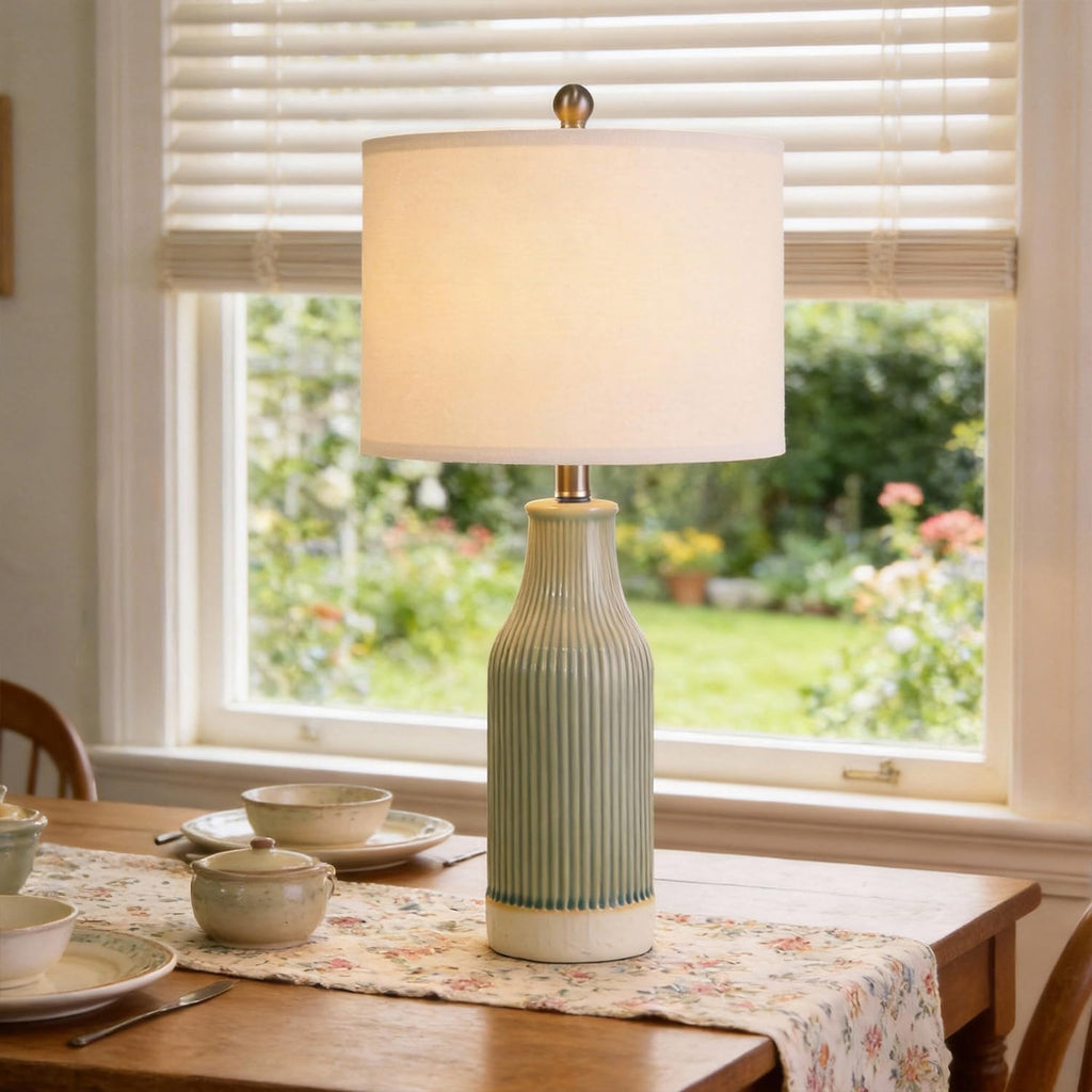 23.75" Modern Ceramic Table Lamps Set Of 2, Stylish Bedside Lamps For Bedroom, Gorgeous Lamps For Nightstand, Lamps For Living Room, Farmhouse End Table Lamps, Light Green Home Decor