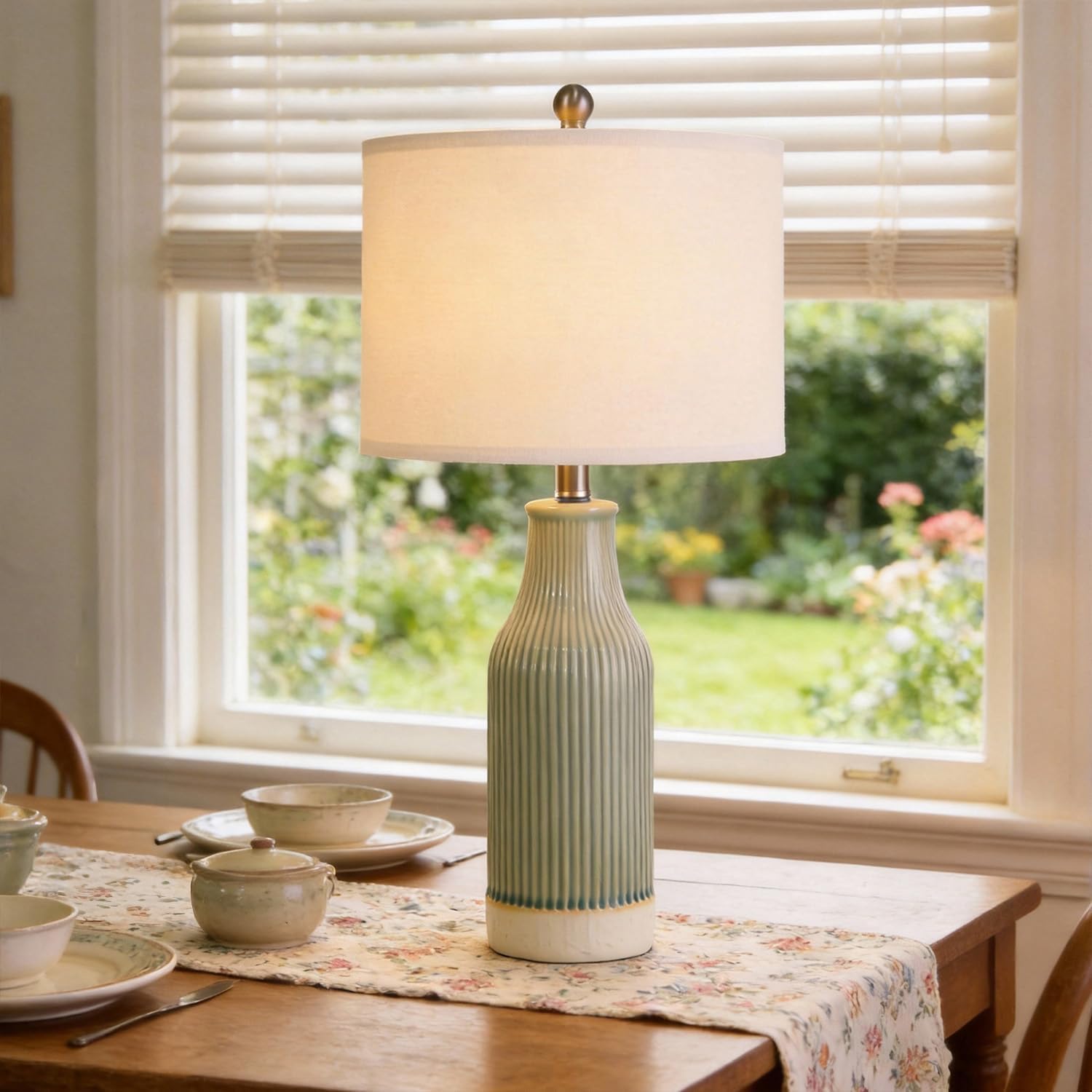 23.75" Modern Ceramic Table Lamps Set Of 2, Stylish Bedside Lamps For Bedroom, Gorgeous Lamps For Nightstand, Lamps For Living Room, Farmhouse End Table Lamps, Light Green Home Decor